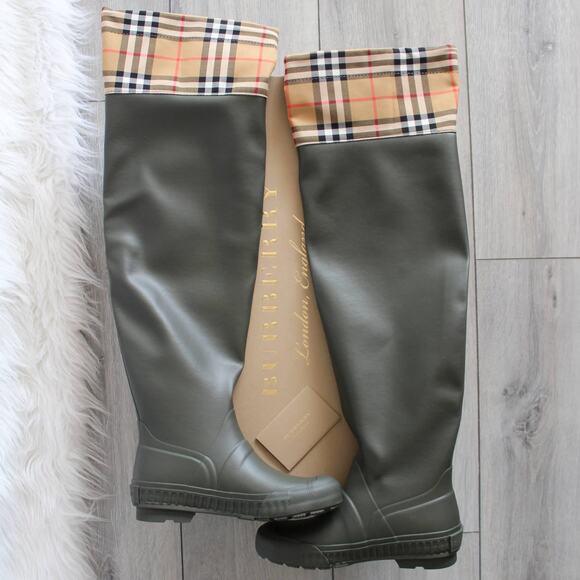 Burberry Olive Green Nova Check Plaid Knee-High Over the Knee Rain Boots - Picture 1 of 11